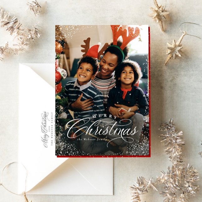 Merry Christmas elegant one photo snow frame Holiday Card (Creator Uploaded)
