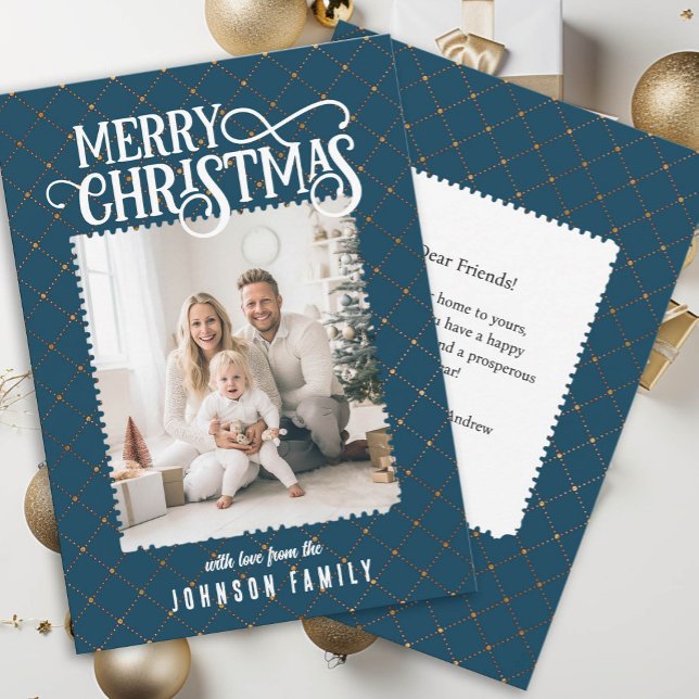 Merry Christmas! Elegant Pattern Blue Photo Card  (Merry Christmas! Elegant Pattern Blue Photo Card)