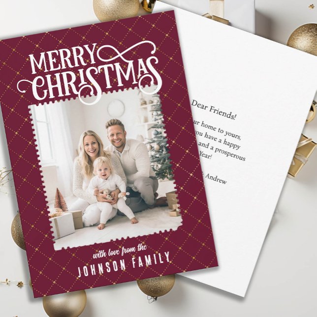 Merry Christmas! Elegant Pattern Red Photo Card  (Merry Christmas! Elegant Pattern Red Photo Card)