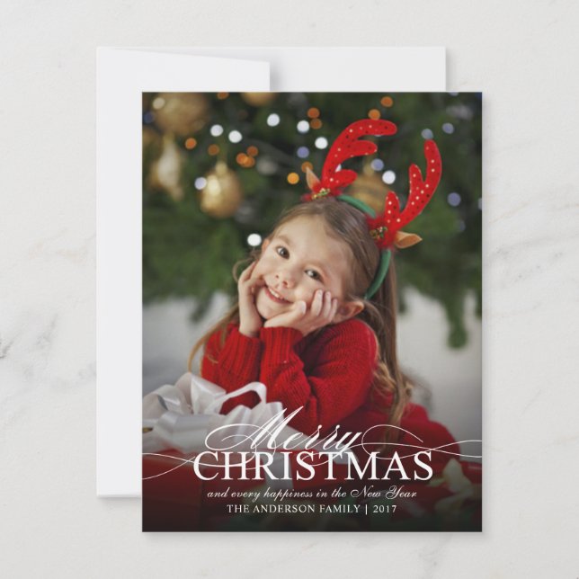 Merry Christmas Elegant Photo with Text Overlay Holiday Card (Front)