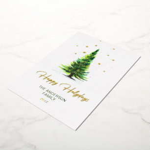 Merry Christmas Elegant Pine Tree Greeting Gold Foil Holiday Card
