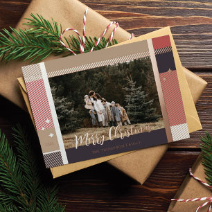 Merry Christmas Elegant Plaid Pattern Photo Frame Foil Holiday Card