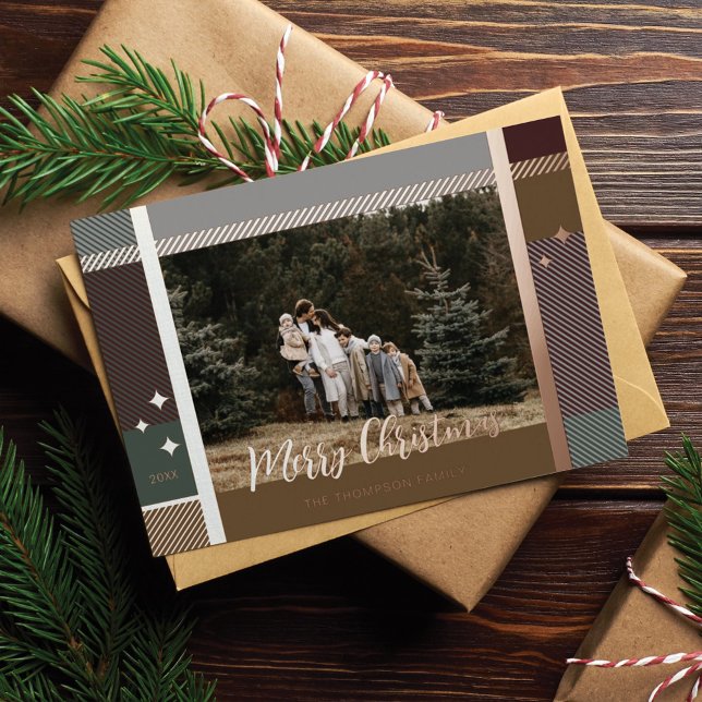 Merry Christmas Elegant Plaid Pattern Photo Frame Foil Holiday Card (Creator Uploaded)