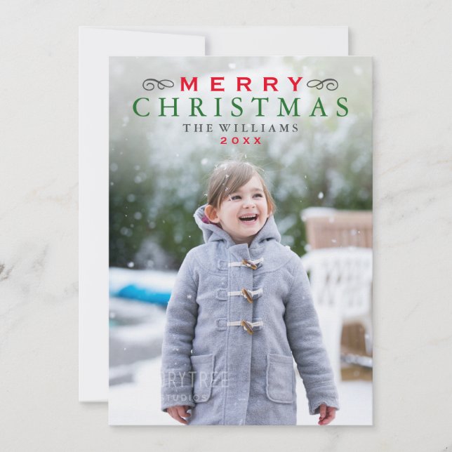 Merry Christmas Elegant Red and Green Photo Holiday Card (Front)