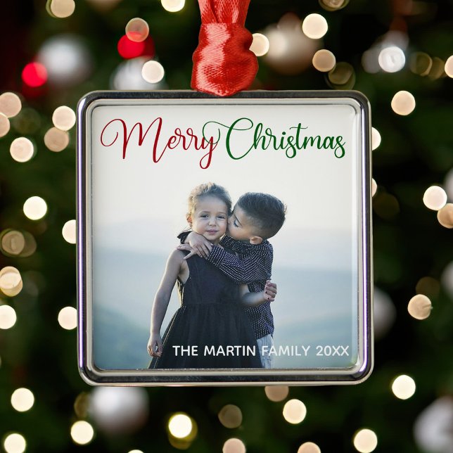 Merry Christmas Elegant Red Green Photo Overlay Metal Ornament (Creator Uploaded)