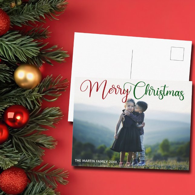 Merry Christmas Elegant Red Green Script Photo Postcard (Creator Uploaded)