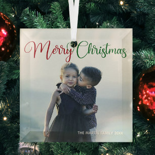Merry Christmas Elegant Red Green Typography Photo Glass Tree Decoration