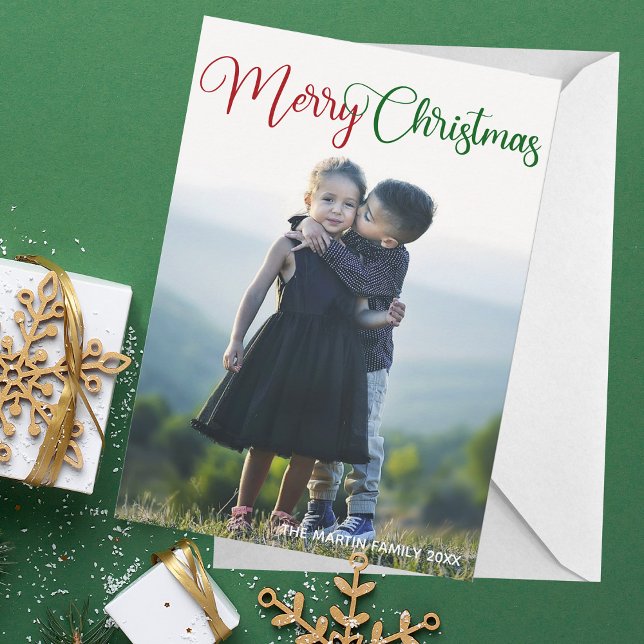 Merry Christmas Elegant Red Green Typography Photo Holiday Card (Creator Uploaded)