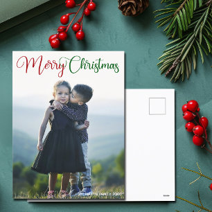 Merry Christmas Elegant Red Green Typography Photo Holiday Postcard