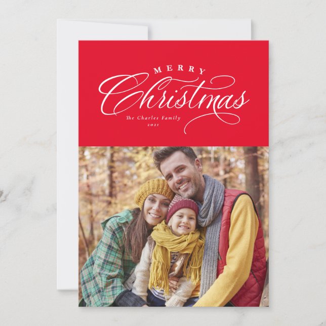 Merry Christmas elegant red one photo Holiday Card (Front)