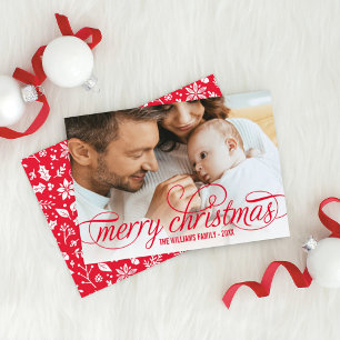 Merry Christmas Elegant Red Script Photo Overlay Holiday Card