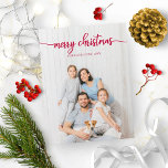 Merry Christmas Elegant Red Script Unique Photo Postcard<br><div class="desc">A simple chic calligraphy Christmas card,  easy to personalised with your photo,  the white red calligraphy is perfect for light vertical photo.</div>