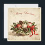 Merry Christmas-Elegant Rustic Simple Typography  Holiday Card<br><div class="desc">Celebrate the holidays with this vintage Merry Christmas card design. The artwork features pinecones,  holly leaves,  evergreen branches,  and festive ornaments tied with a bright red bow,  all set against an antique textured background. Perfect for those who appreciate traditional,  rustic,  and elegant Christmas style.</div>