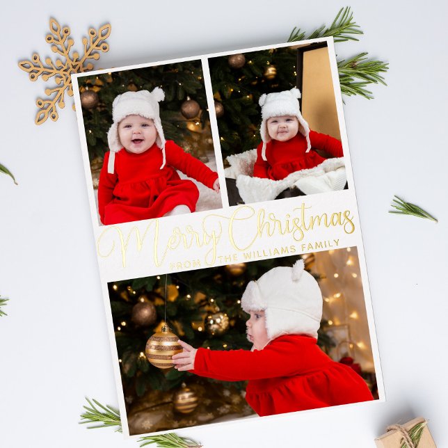 Merry Christmas Elegant Script 3 Family Photo Gold Foil Holiday Card (Creator Uploaded)