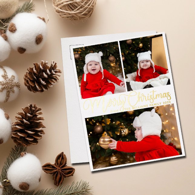 Merry Christmas Elegant Script 3 Family Photo Gold Foil Holiday Postcard (Creator Uploaded)
