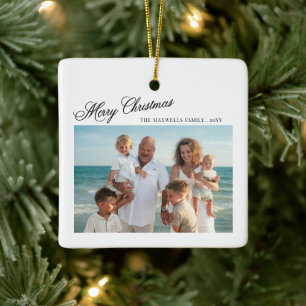 Merry Christmas Elegant Script Family Photo Ceramic Ornament