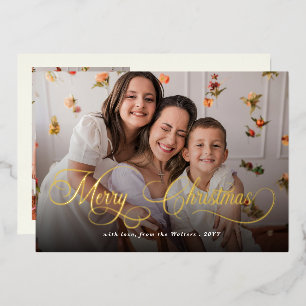 Merry Christmas Elegant Script Family Photo Foil Holiday Card
