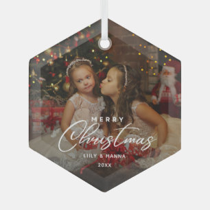 Merry Christmas Elegant Script Family Photo Glass Tree Decoration