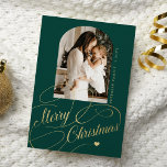 Merry Christmas elegant script family photo Holiday Card<br><div class="desc">Elegant stylish Merry Christmas faux gold classic calligraphy script family photo green holiday card with your custom personalised text on both sides. PLEASE NOTE that the background colour is editable. You can change it after selecting CUSTOMIZE option down below the PERSONALIZE IT menu. If you don't feel at ease changing...</div>
