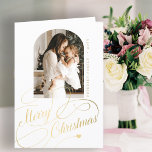 Merry Christmas elegant script family photo Holiday Card<br><div class="desc">Elegant stylish Merry Christmas faux gold classic calligraphy script family photo simple white holiday folded card with your custom personalised text on the front and inside. PLEASE NOTE that the background colour is editable. You can change it after selecting CUSTOMIZE option down below the PERSONALIZE IT menu. If you don't...</div>