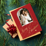 Merry Christmas elegant script family photo  Holiday Card<br><div class="desc">Elegant stylish Merry Christmas faux gold classic calligraphy script family photo red holiday card with your custom personalised text on both sides. PLEASE NOTE that the background colour is editable. You can change it after selecting CUSTOMIZE option down below the PERSONALIZE IT menu. If you don't feel at ease changing...</div>