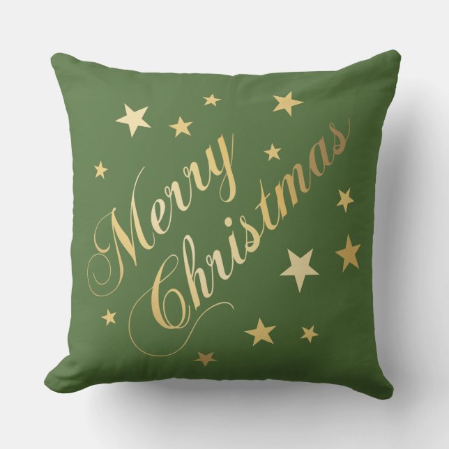 Merry Christmas Elegant Script Gold Stars Green Cushion (Front)