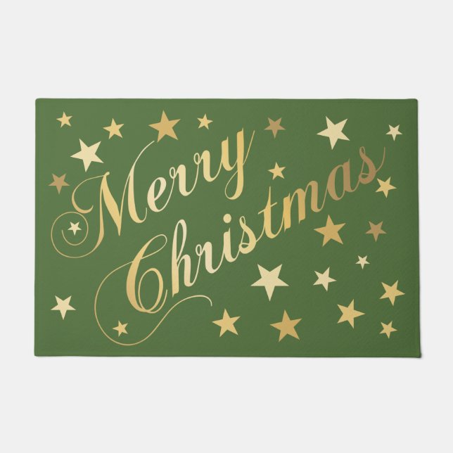 Merry Christmas Elegant Script Gold Stars Green Doormat (Front)