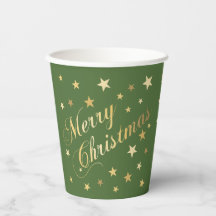 Merry Christmas Elegant Script Gold Stars Green