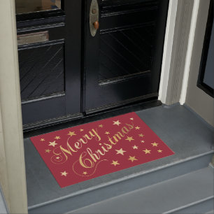 Merry Christmas Elegant Script Gold Stars Red Doormat