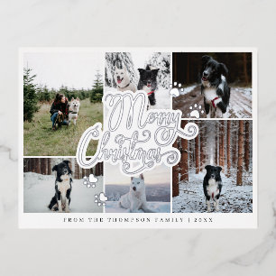 Merry Christmas Elegant Script Minimal 6 Photo Foil Holiday Postcard