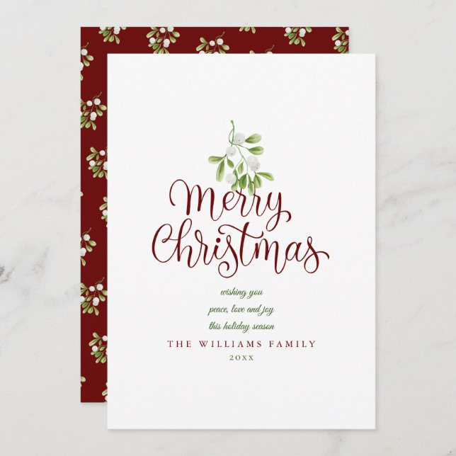 Merry Christmas Elegant Script Mistletoe Burgundy Holiday Card (Front/Back)