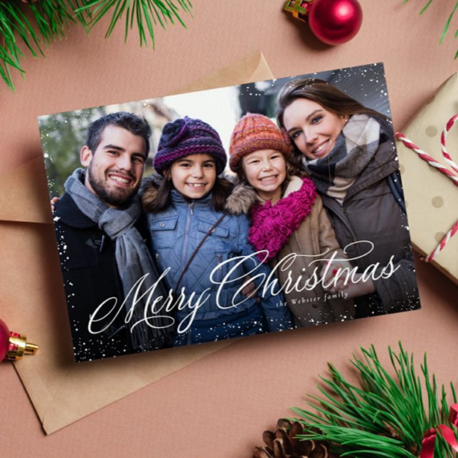 Merry Christmas elegant script one photo snow Holiday Card (Creator Uploaded)