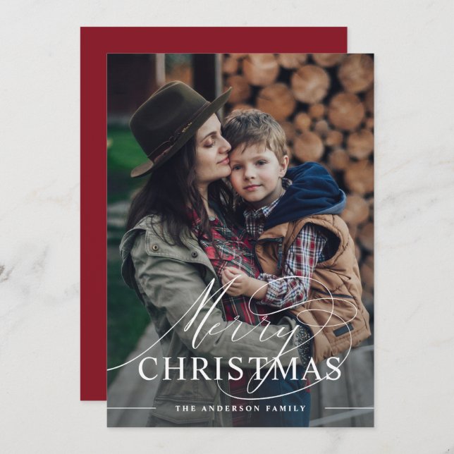 Merry Christmas | Elegant Script Photo Merlot Red Holiday Card (Front/Back)