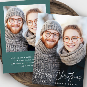 Merry Christmas elegant script pine green photo Holiday Card