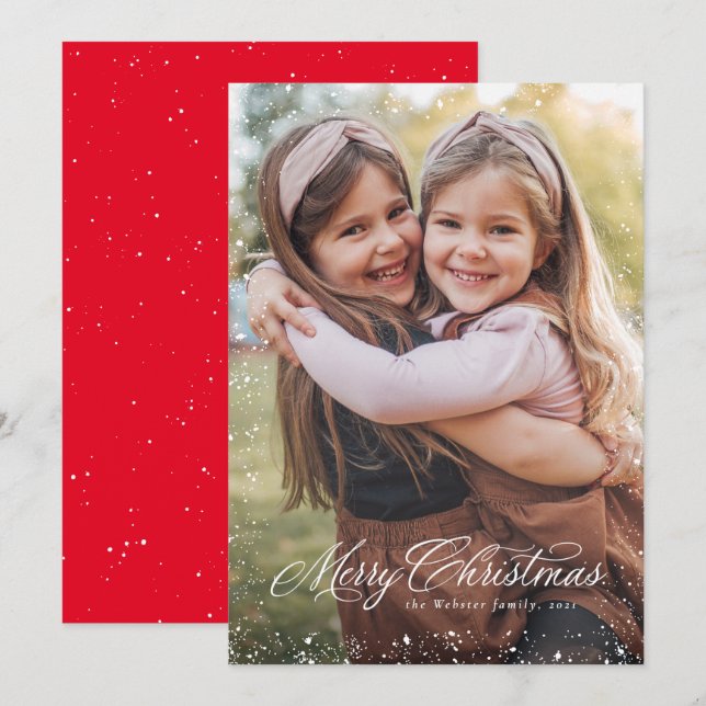 Merry Christmas elegant script red one photo snow Holiday Card (Front/Back)