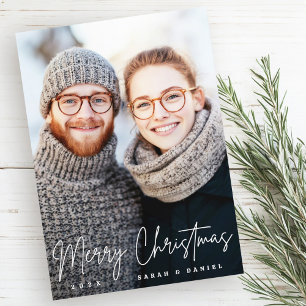 Merry Christmas elegant script red photo Holiday Card