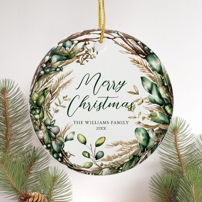 Merry Christmas Elegant Script Rustic Botanical Ceramic Ornament (Creator Uploaded)