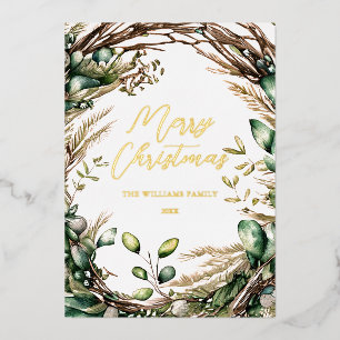 Merry Christmas Elegant Script Rustic Botanical Foil Holiday Card