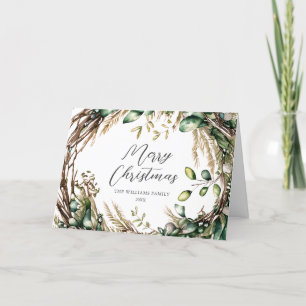Merry Christmas Elegant Script Rustic Wreath Holiday Card