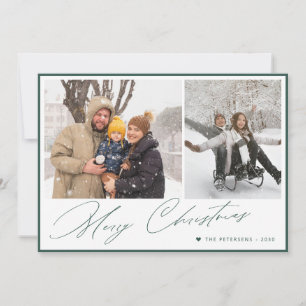 Merry Christmas elegant script simple photo green Holiday Card