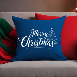 Merry Christmas Elegant Script Typography Blue Cushion