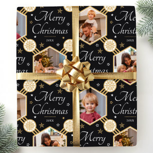 Merry Christmas Elegant Snowflake Photo Black Wrapping Paper