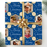 Merry Christmas Elegant Snowflake Photo Blue Wrapping Paper<br><div class="desc">Make your holiday gifts extra special with custom photo wrapping paper! This editable template is personalised with four of your favourite photos, and the recipient's name, your family name, or the holiday year. It features hexagonal picture frames, set against a festive background of snowflakes and stars, along with the phrase...</div>