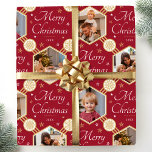 Merry Christmas Elegant Snowflake Photo Deep Red Wrapping Paper<br><div class="desc">Make your holiday gifts extra special with custom photo wrapping paper! This editable template is personalised with four of your favourite photos, and the recipient's name, your family name, or the holiday year. It features hexagonal picture frames, set against a festive background of snowflakes and stars, along with the phrase...</div>