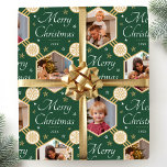 Merry Christmas Elegant Snowflake Photo Green Wrapping Paper<br><div class="desc">Make your holiday gifts extra special with custom photo wrapping paper! This editable template is personalised with four of your favourite photos, and the recipient's name, your family name, or the holiday year. It features hexagonal picture frames, set against a festive background of snowflakes and stars, along with the phrase...</div>