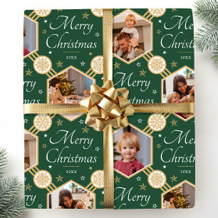 Merry Christmas Elegant Snowflake Photo Green Wrapping Paper