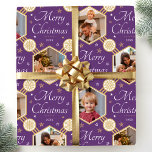Merry Christmas Elegant Snowflake Photo Purple Wrapping Paper<br><div class="desc">Make your holiday gifts extra special with custom photo wrapping paper! This editable template is personalised with four of your favourite photos, and the recipient's name, your family name, or the holiday year. It features hexagonal picture frames, set against a festive background of snowflakes and stars, along with the phrase...</div>