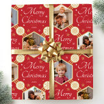 Merry Christmas Elegant Snowflake Photo Red Gold Wrapping Paper<br><div class="desc">Make your holiday gifts extra special with custom photo wrapping paper! This editable template is personalised with four of your favourite photos, and the recipient's name, your family name, or the holiday year. It features hexagonal picture frames, set against a festive background of snowflakes and stars, along with the phrase...</div>
