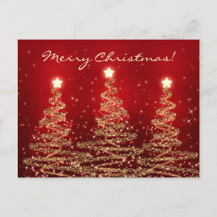 Merry Christmas Elegant Sparkling Trees Red Holiday Postcard
