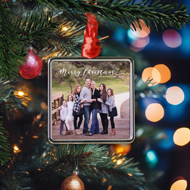 Merry Christmas Elegant Typography Family Photo Metal Ornament (Merry Christmas Elegant Typography Family Photo Metal Ornament)